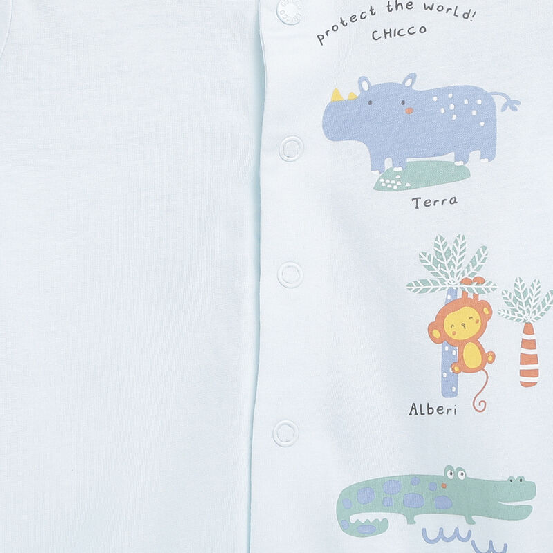 Boys Light Blue Printed Front Opening Babysuit image number 2